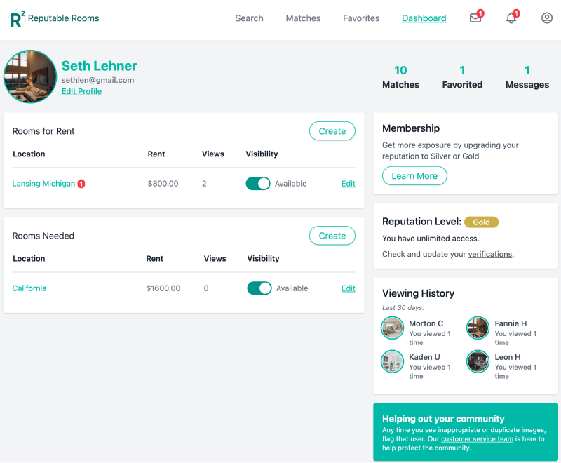 Reputable rooms dashboard